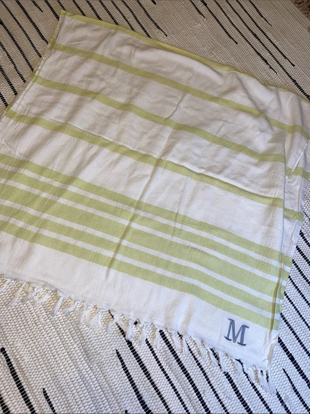 🏖️ 🍋‍🟩 Striped Cotton Beach Towel with Monogram M - White & Lime Green